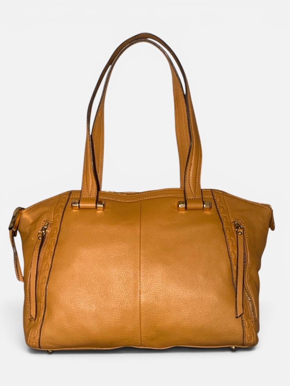 B Makowsky Shoulder Satchel Tan Pebbled Leather Brass Whipstitch Front Zip Bag - Picture 3 of 9